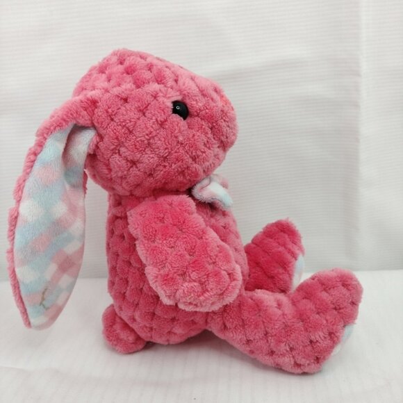 10" Kellytoy PINK Quilted Chenille BUNNY Rabbit Plush with Plaid Ears & Bow tie - Picture 8 of 13